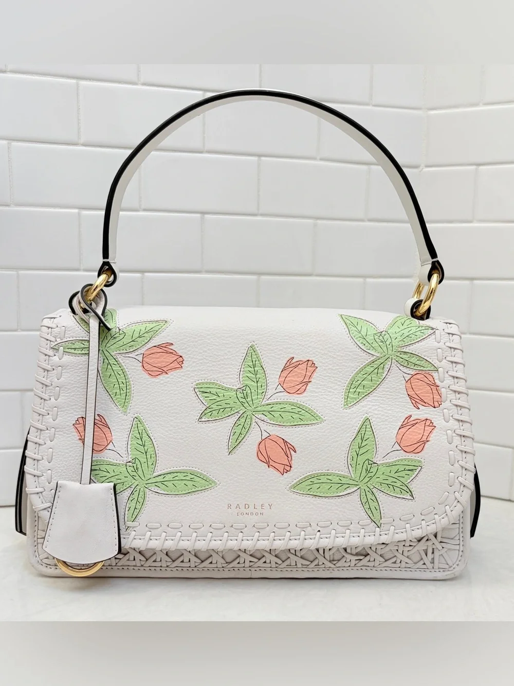 RADLEY LONDON Kentucky Derby 2022 Cording Street White Leather Grab Bag-EUC